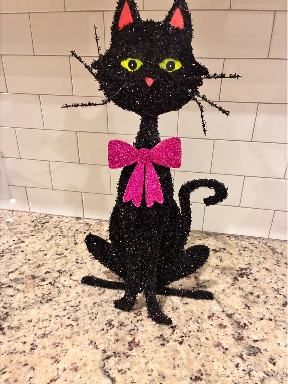 Vintage Black Tinsel Cat Figurine with Pink Bow